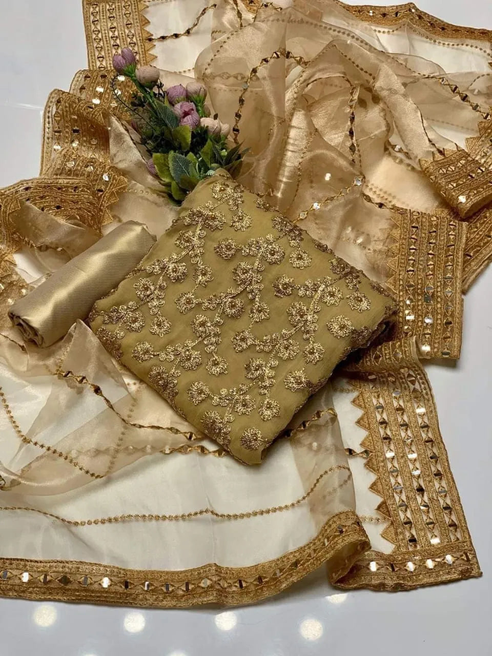 Fancy 3-Piece Embroidered Suit Golden Chiffon with Organza Dupatta