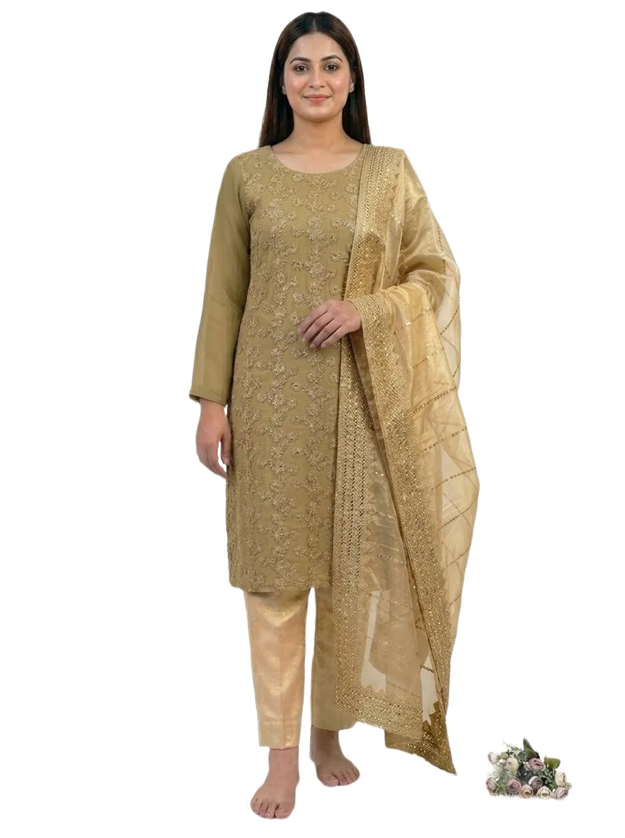 Fancy 3-Piece Embroidered Suit Golden Chiffon with Organza Dupatta