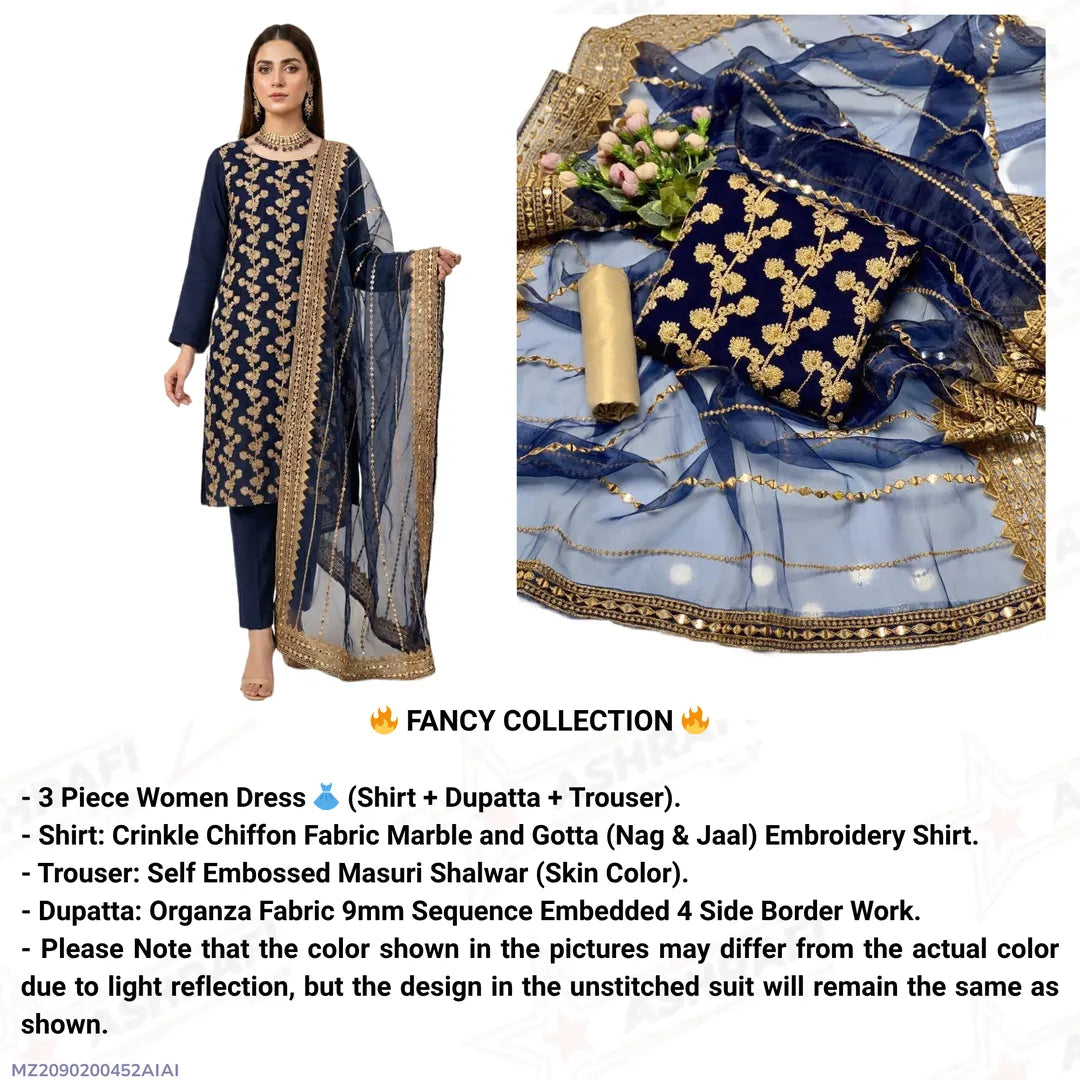 Fancy 3-Piece Blue Chiffon Suit with Sequins Dupatta for Eid & Weddings