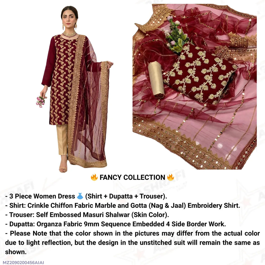 Fancy 3-Piece Blue Chiffon Suit with Sequins Dupatta for Eid & Weddings