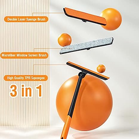 3 In 1 Multifunctional Wiper Brush, Glass Wiper Cleaning Scrubber With Duster, Adjustable Handle Window Cleaner Wiper, Net Screen Cleaning Brush, Household Bathroom Kitchen Glass Scraper Cleaner, Rotatable Silicone Squeegee
