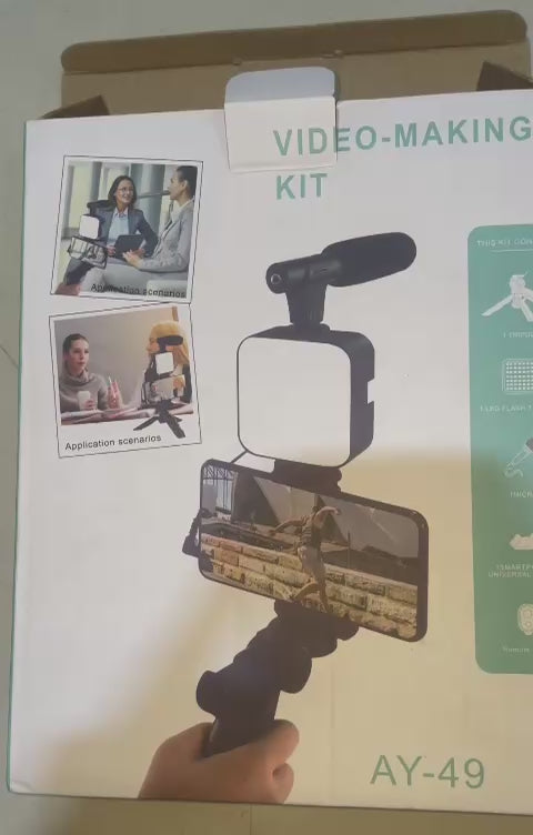 Portable Video Recording Setup with LED Light, Shotgun Mic & Flexible Tripod without Remote